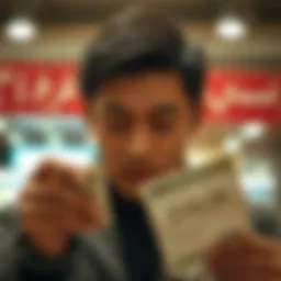 A contemplative figure gazing at a lottery ticket, symbolizing dreams and aspirations.